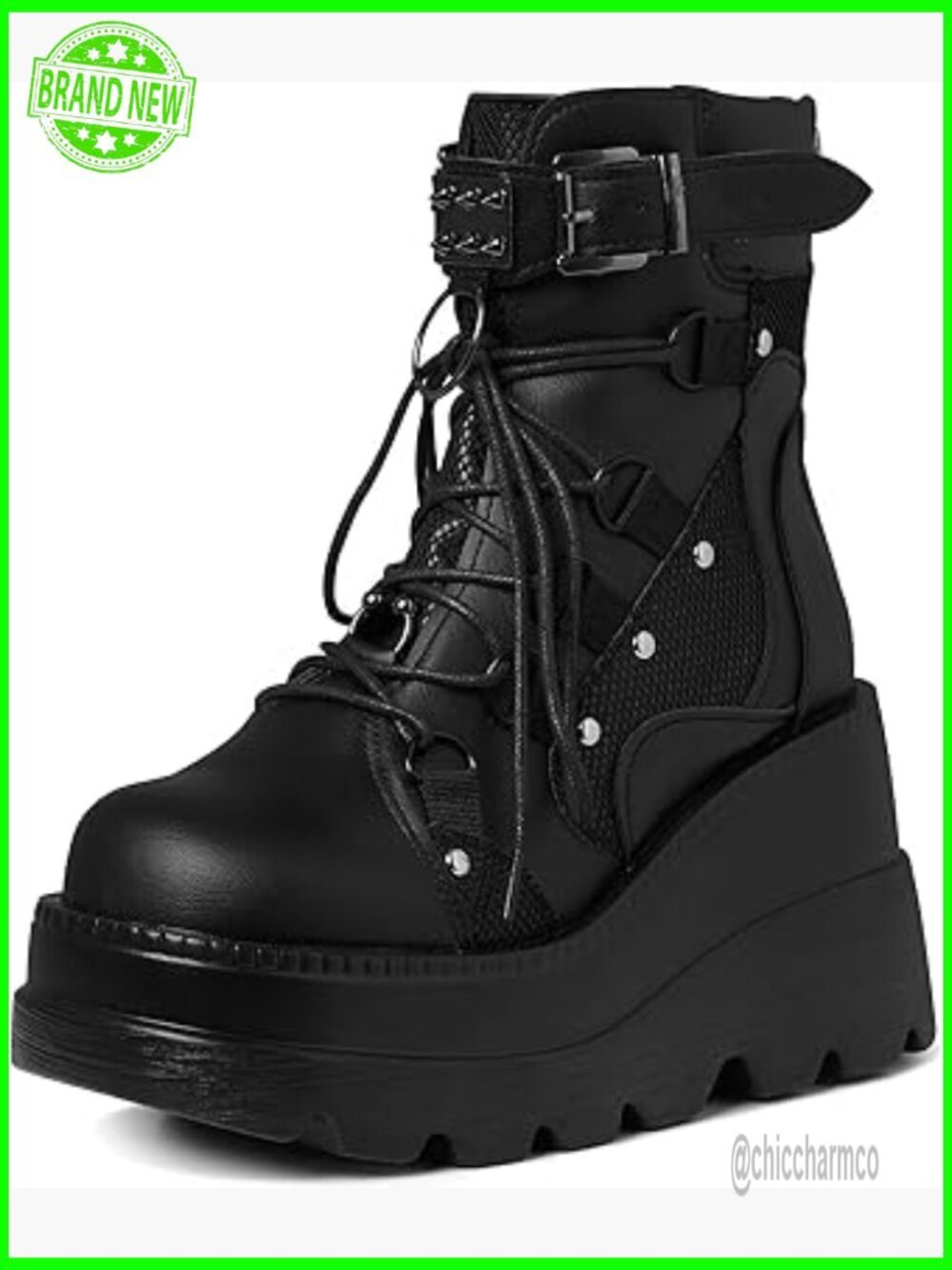 Women Ankle Boots Lace Up Platform Wedge High Heel Goth Combat Booties